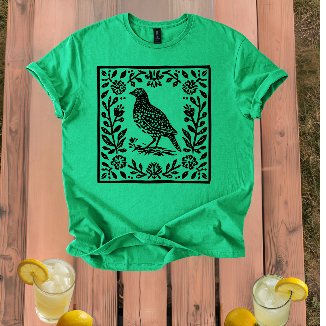 Quail T-Shirt with Vintage Folk Art Style Design