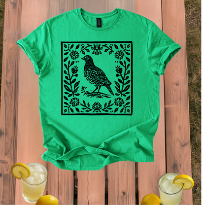 Quail T-Shirt with Vintage Folk Art Style Design