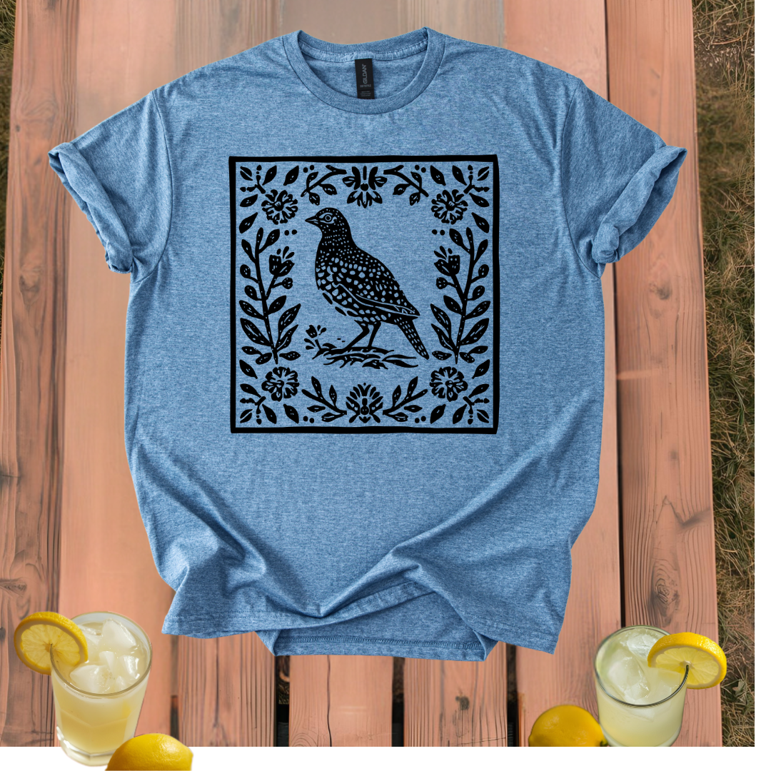 Quail T-Shirt with Vintage Folk Art Style Design