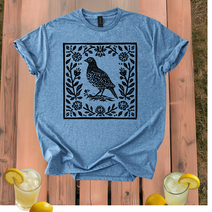 Quail T-Shirt with Vintage Folk Art Style Design