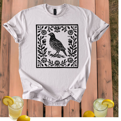 Quail T-Shirt with Vintage Folk Art Style Design