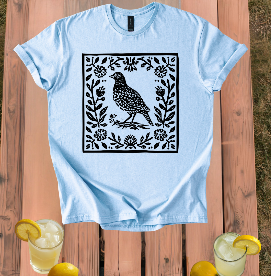 Quail T-Shirt with Vintage Folk Art Style Design