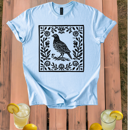 Quail T-Shirt with Vintage Folk Art Style Design
