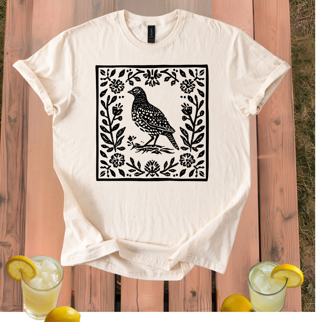 Quail T-Shirt with Vintage Folk Art Style Design