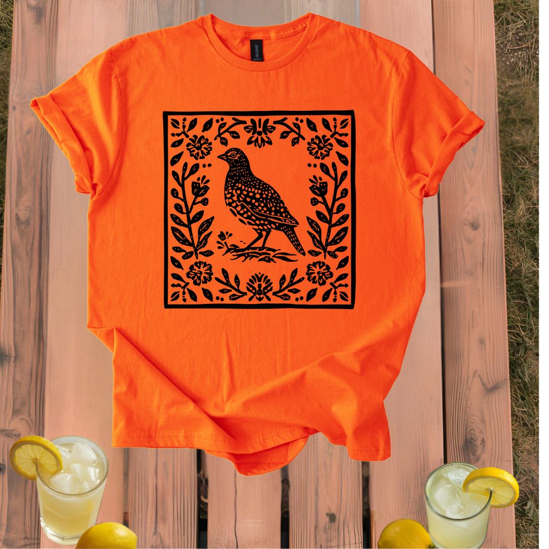 Quail T-Shirt with Vintage Folk Art Style Design