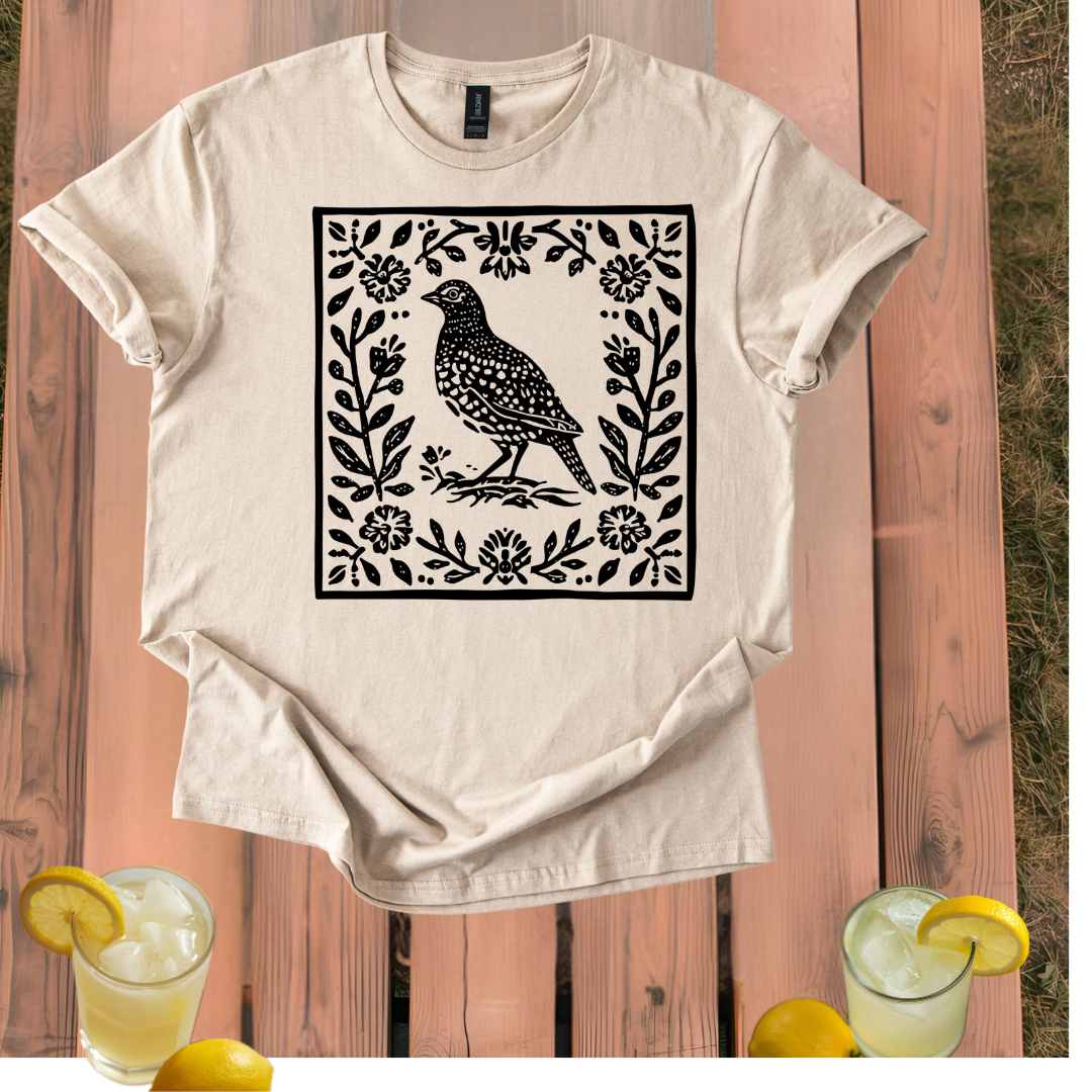 Quail T-Shirt with Vintage Folk Art Style Design