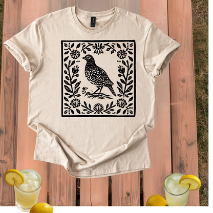 Quail T-Shirt with Vintage Folk Art Style Design