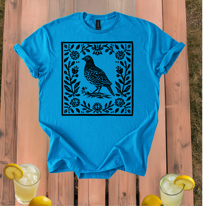 Quail T-Shirt with Vintage Folk Art Style Design