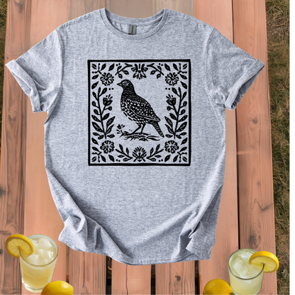 Quail T-Shirt with Vintage Folk Art Style Design