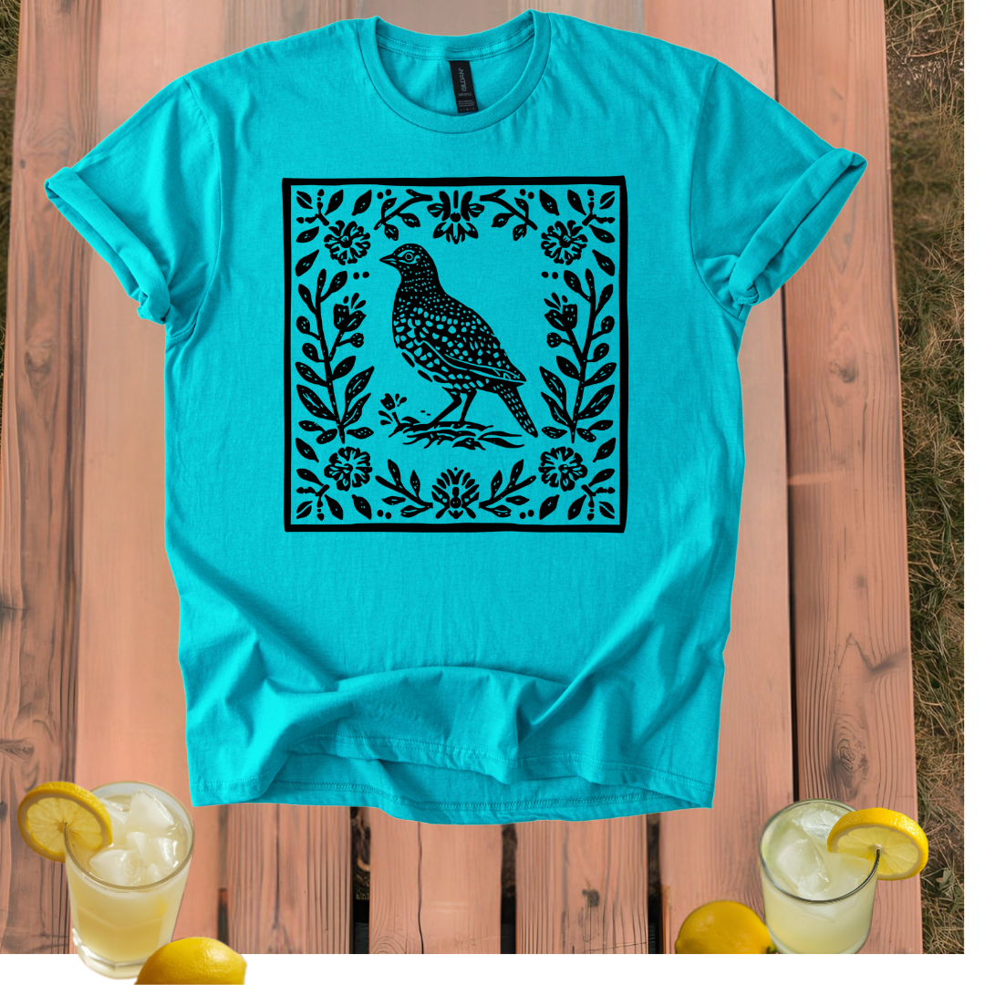 Quail T-Shirt with Vintage Folk Art Style Design