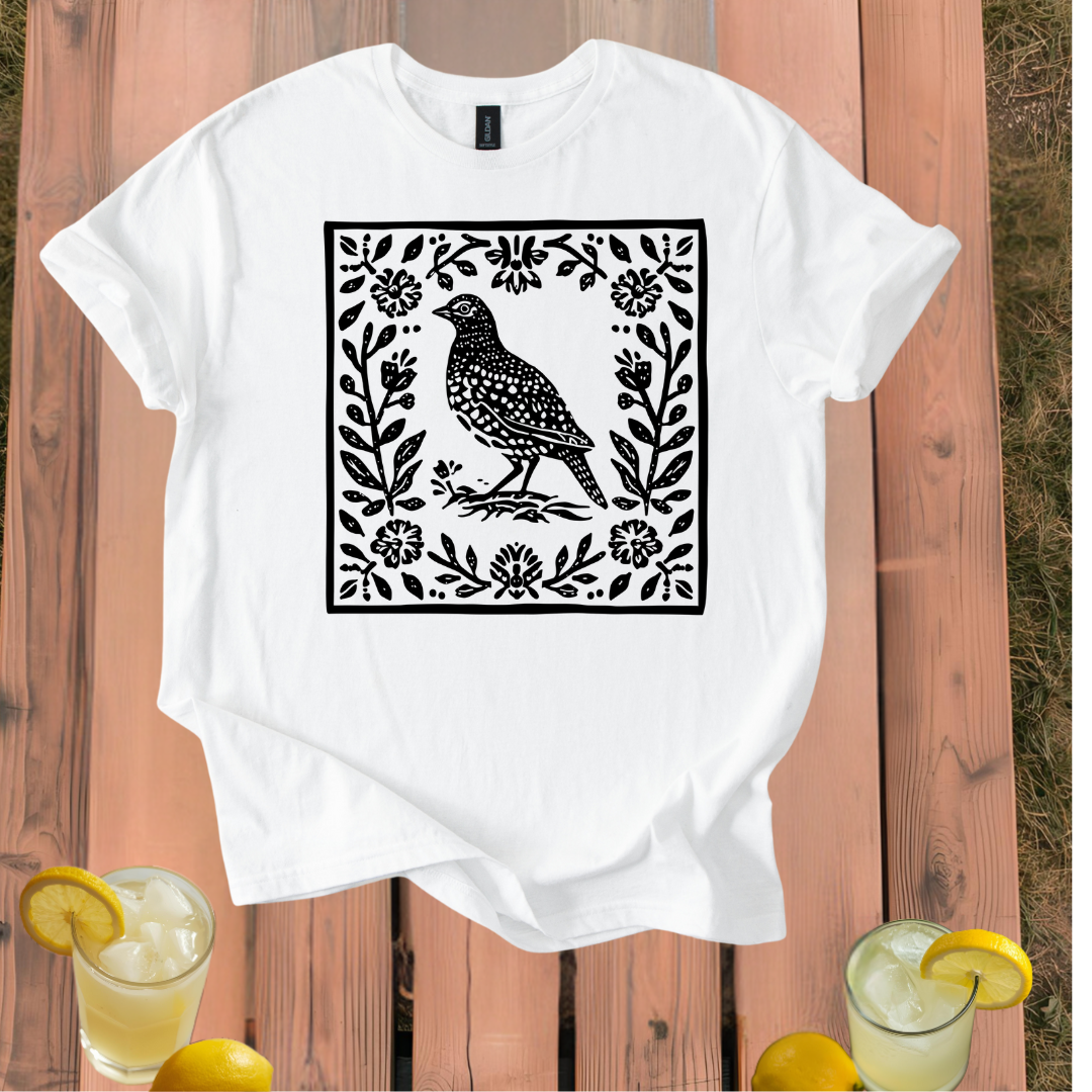Quail T-Shirt with Vintage Folk Art Style Design