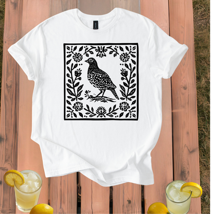 Quail T-Shirt with Vintage Folk Art Style Design